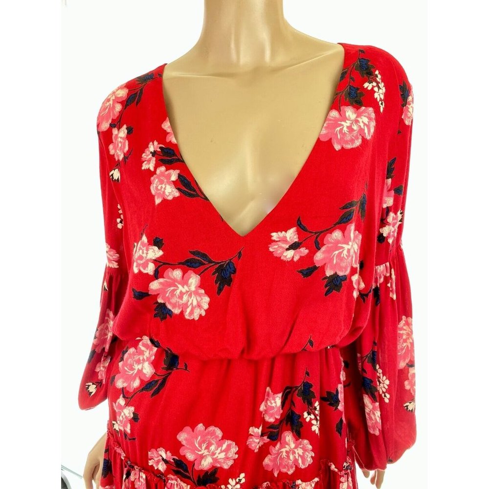 Valencia & Vine 'Stephanie' Red Floral Mini Dress Size S Long Billowy Sleeves - Picture 2 of 7